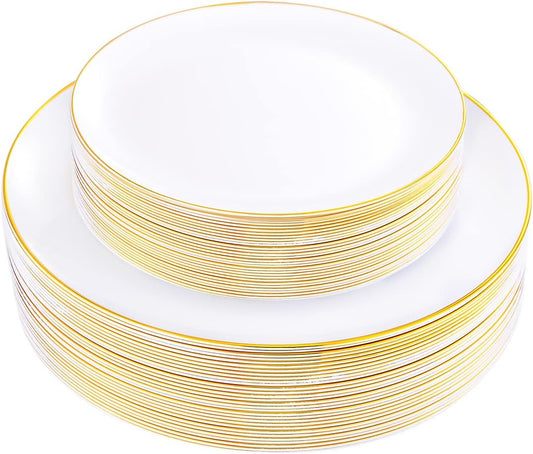 KIRE 60PCS Gold Plastic Plates - Heavy Duty White Disposable Plates with Gold Rim for Party/Wedding- Include 30Pieces 10.25inch Dinner Plate and 30Pcs 7.5inch Dessert Plate