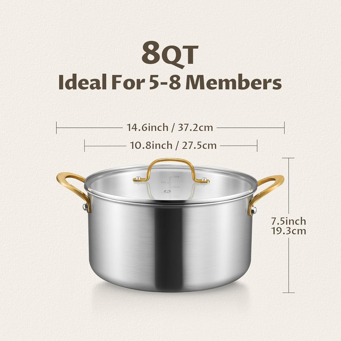 BEZIA 8 Quart Tri-Ply Stainless Steel Pot, Stockpot with Tempered Glass Lid, Exceptional Heat Distribution, Induction Pot, Induction Cooking Pot for All Stoves, Dishwasher Safe, Silver