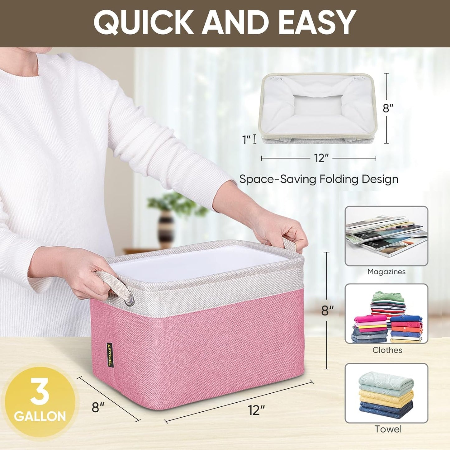 BALEINE 1 Pack Fabric Storage Bins for Shelves, Linen Storage Baskets for Organizing, Decorative Closet Bins for Clothes, Home (Pink, 12"x8"x8")