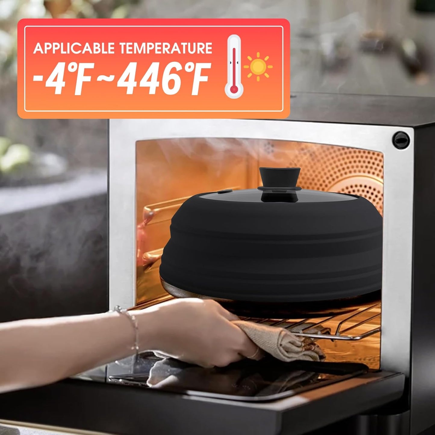 Microwave Splatter Cover for Food Collapsible Glass Microwave Cover Silicone Splatter Guard Dishwasher Safe Splatter Lid for Plates, Bowls, Pots & Stovetop Cooking 11.8" Black