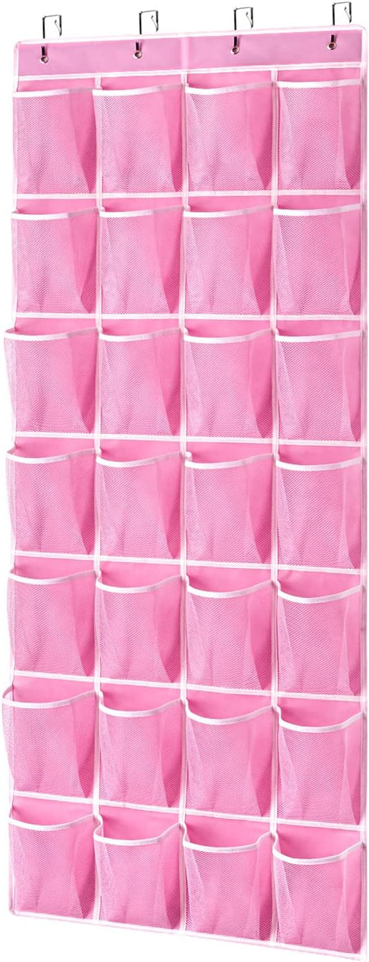 KEEPJOY 28 Pockets Hanging Shoe Organizer, Over the Door Shoe Organizer, Hanging Door Shoe Holder Rack with Mesh Pockets Large Size 65 x 23 Inch (Pink-1Pack)