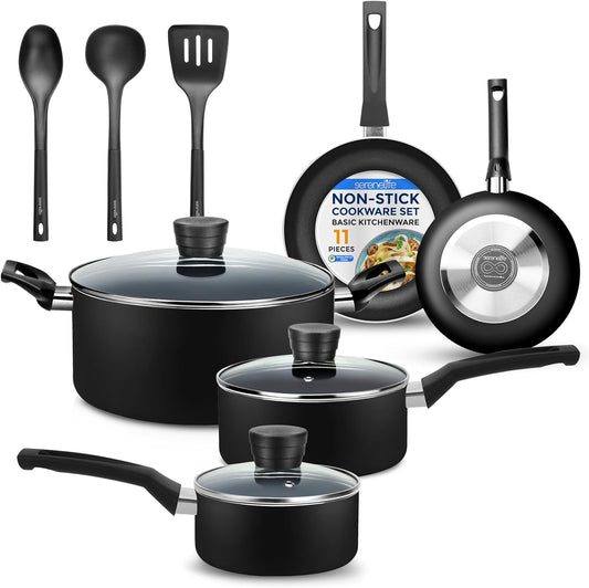 SereneLife Kitchenware Pots & Pans Basic Kitchen Cookware, Black Non-Stick Coating Inside, Heat Resistant Lacquer (11-Piece Set), One Size, Black