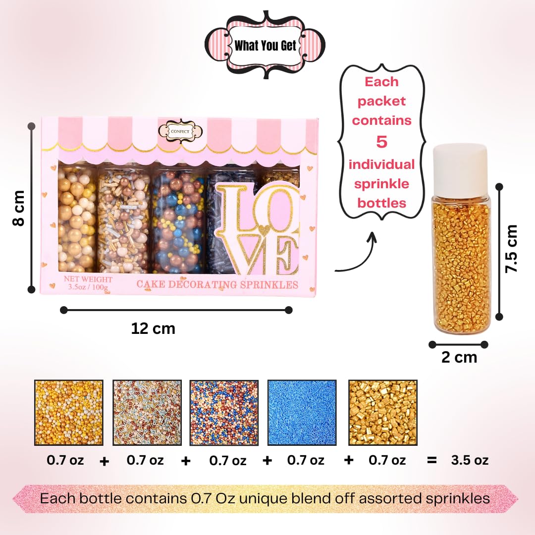 Confect Cake Decorating Sprinkles |Edible Pearl Sprinkles | Mix Gold White Blue & Yellow Pearl Dragees | Blue Jimmies | Gold Sparkling Sugar | Glam Sprinkles | Vegan, Gluten-Free, Nut-Free, Soy-Free, Dairy-Free, Palm Oil-Free - 5 Oz