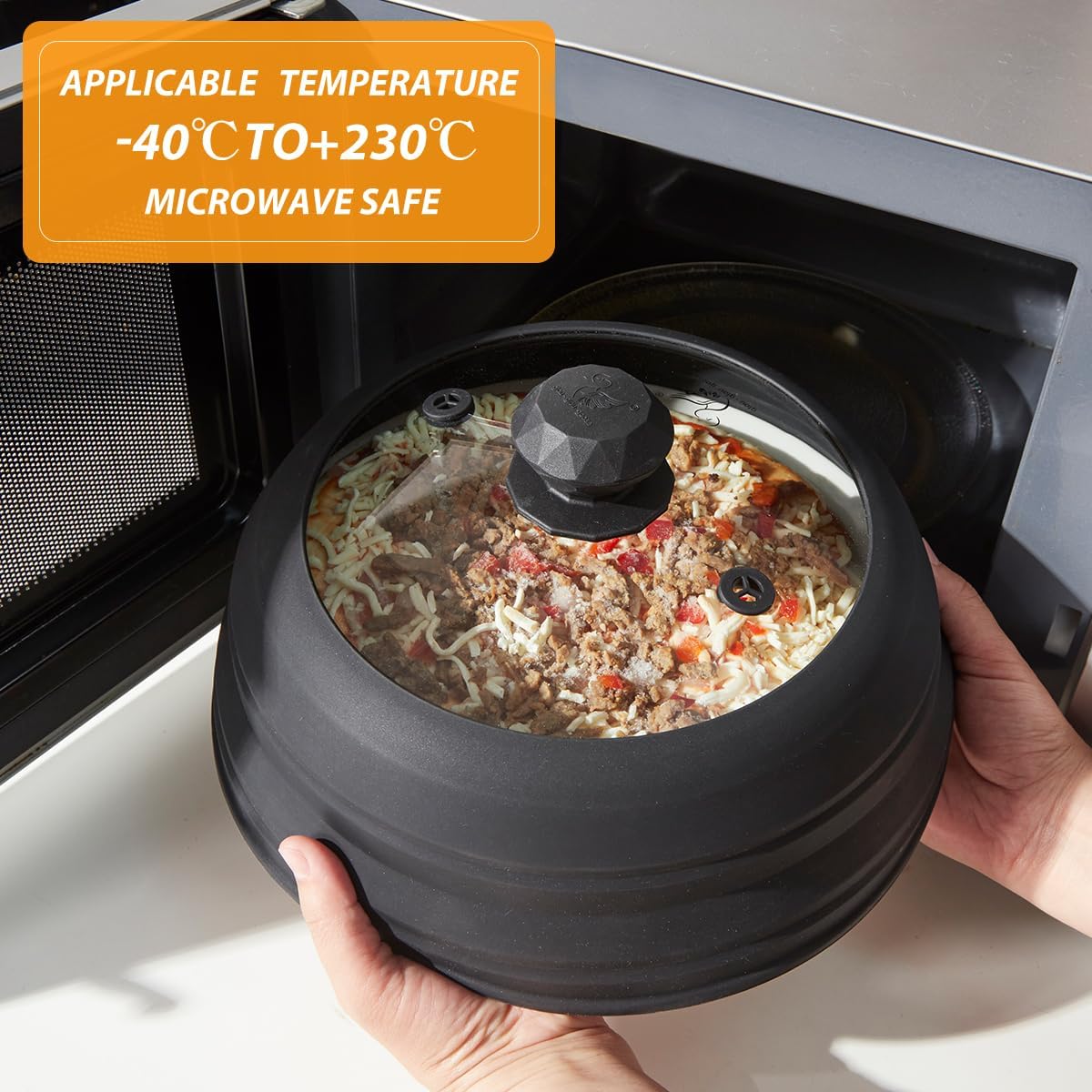 Microwave Splatter Cover Vented Glass Splatter Guard Lid with Collapsible Silicone for Food as Pot Cover 11.8 inch Large Plate for 6 7 8 9 10 11 inch Plate Bowl Black