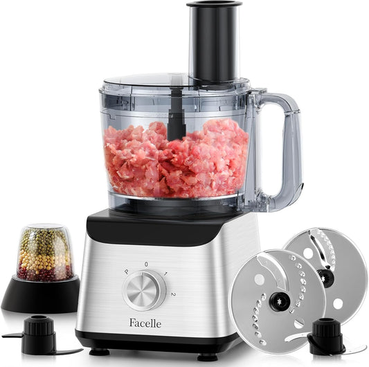 Facelle Electric Food Processor 10 Cup Large Bowl with 6.8oz Grinder, 600W Vegetable Chopper for Mincing, Dicing, Shredding, Puree & Kneading Dough, Great for Cheese Grater, Hummus, Meat and Salsa