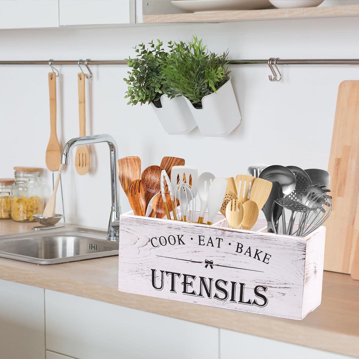 Kitchen Utensil Holder for Counter or Countertop, Extra Large Wood Organizer with 4 Compartments, Wooden Storage for Cooking and Silverware, Rustic Minimalist Decor, Sturdy Utensil Crock-White