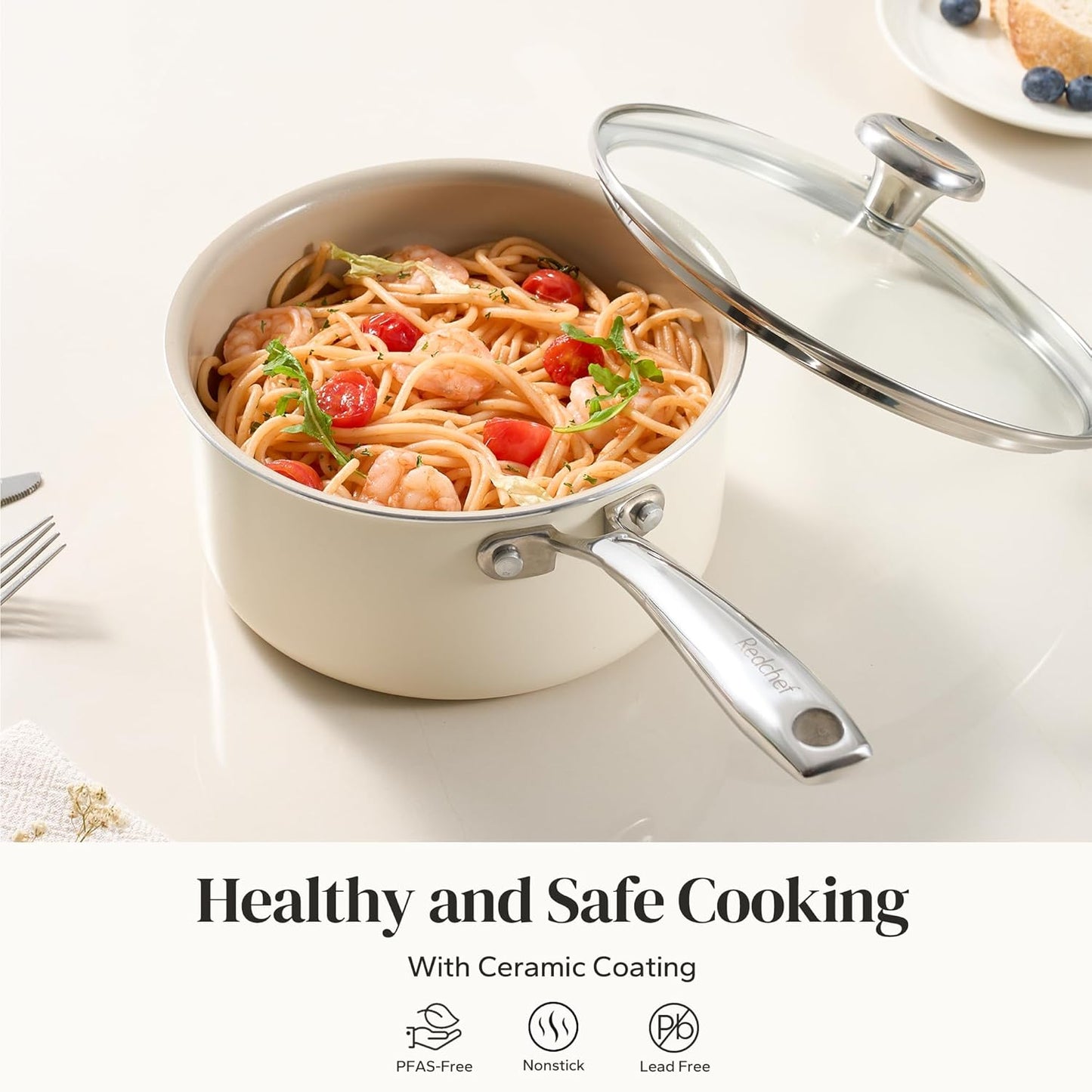 Redchef Nonstick Ceramic Sauce Pan With Lid, 3.5QT Small Cooking Pot with Stay-Cool Handle, Kitchen Non Toxic Soup Pot, PTFE & PFOA Free, Oven & Dishwasher Safe, Compatible with All Stovetops-Beige