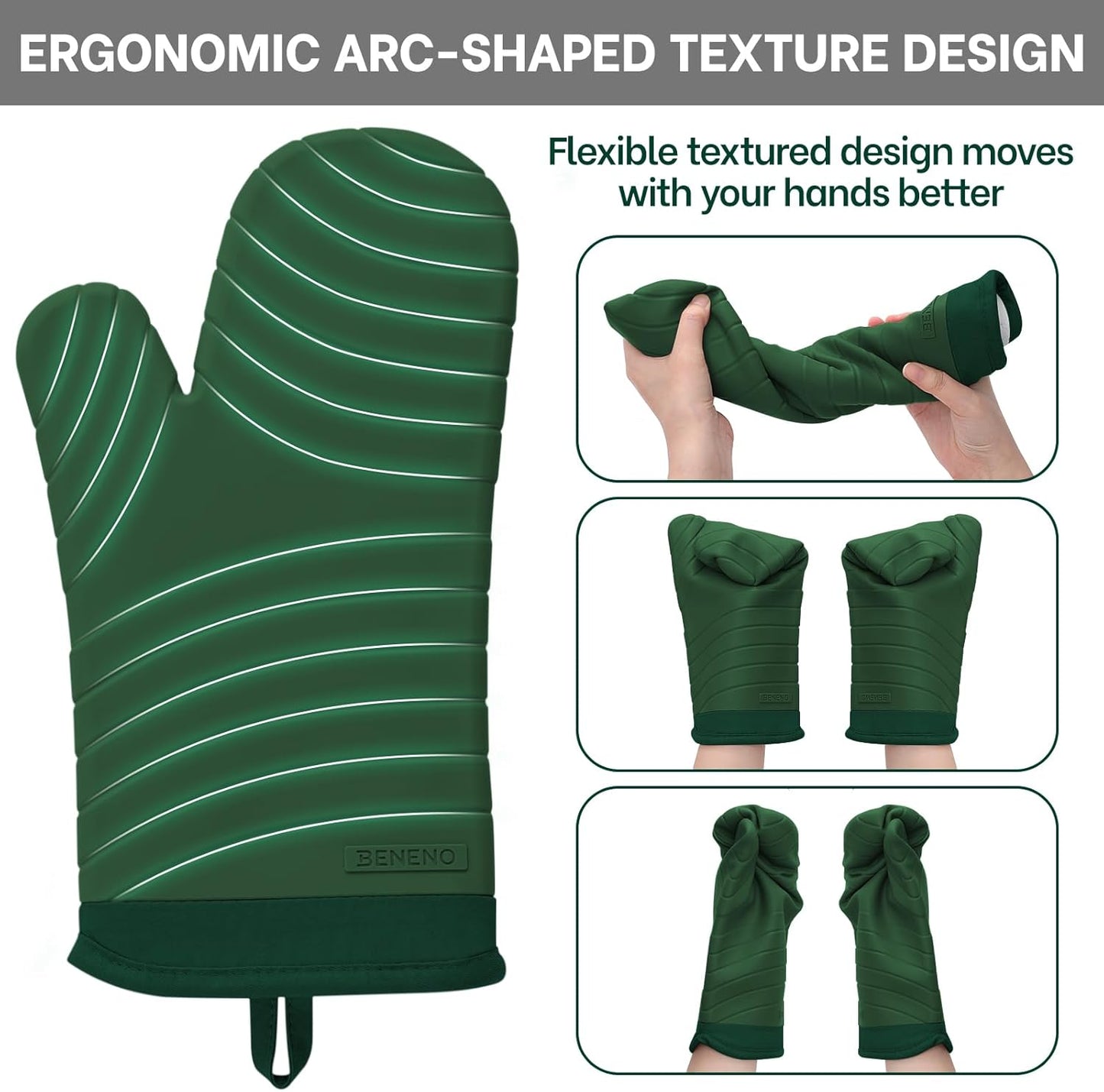 Beneno BPA-Free Silicone Oven Mitts, Heat Resistant Waterproof Oven Mitts with Non-Slip Textured Grip, Comfortable Quilted Lining, Kitchen Pot Holders for Cooking, Baking, Grilling, 7"x13", 2Pcs Green