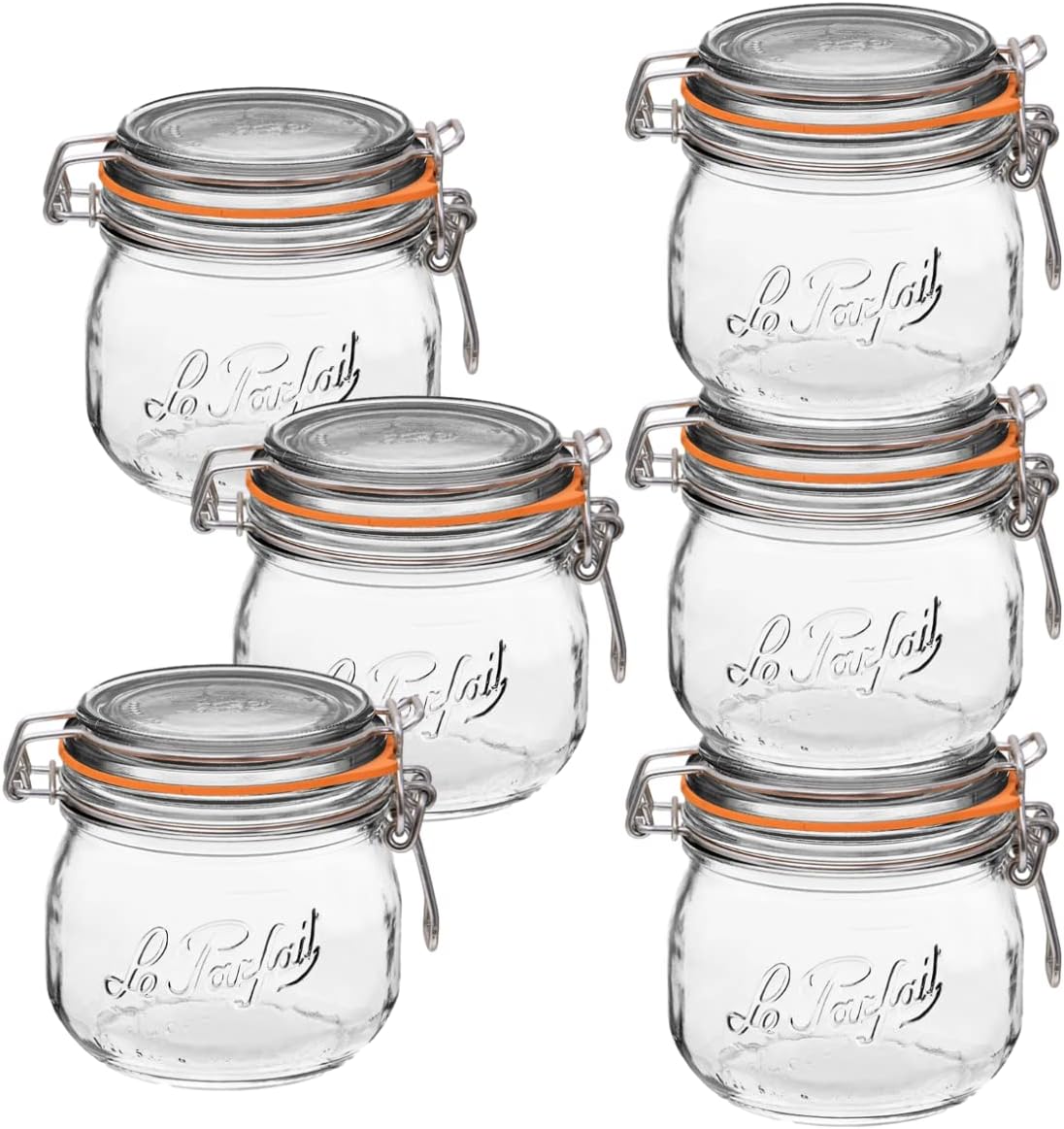Le Parfait Super Jar, Canning Jars, 500mL French Glass Canning Jar w/Round Body, Glass Jars With Airtight Lid, Canning Jars Wide Mouth, Glass Jar w/Lid, Clear Jars, Clear Glass Jars (16oz/Pint, 6 pk)