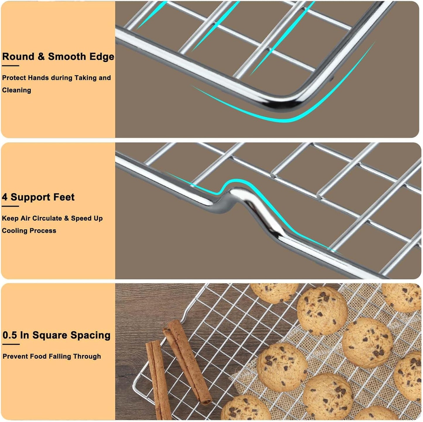 15.8”×9.8” Cooling Rack, 3P Stainless Steel Baking Rack, Oven Safe Cooling Racks for Cooking and Baking, Silver Roasting Rack & Wire Rack & Cookie Cooling Rack for Roasting, Grilling, Drying