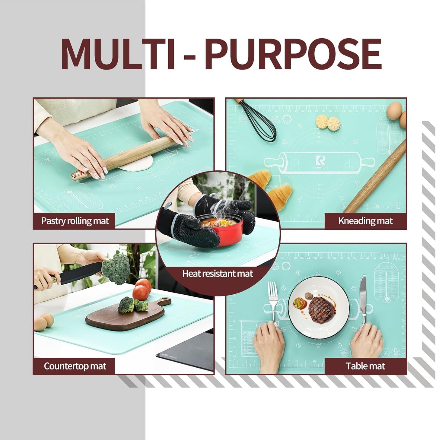 Silicone Baking Mat 20"L x 28"W, Extra Thick Dough Rolling Pad with Measurements and Edge Heightening, Non-stick Food Grade Silicone Pastry Mat for Pastry, Bread, Cookies