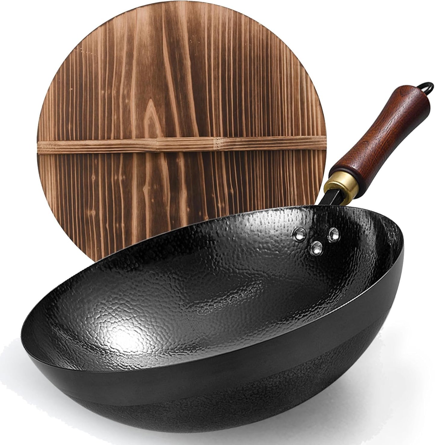 Carbon Steel Pan, 12.6″ Woks & Stir-Fry Pans with Wooden Lid Cookwares, Nonstick Wok, No Chemical Coated Round Bottom Hand Hammered Chinese Wok For Gas