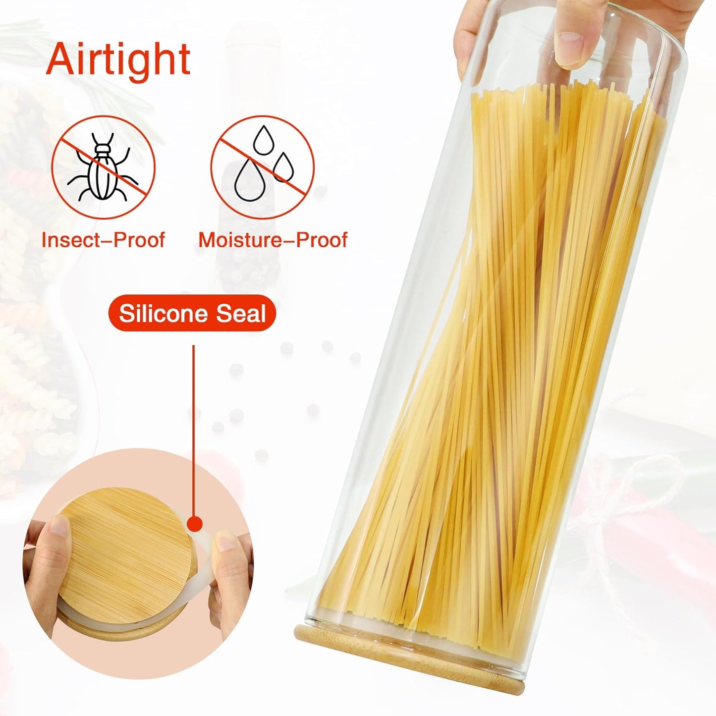 Glass Jars with Bamboo Lids, 72oz 3Pcs Kitchen Glass Containers with Bamboo Lids, Airtight Glass Pantry Storage Containers with Lids for Spaghetti, Pasta, Rice, Nuts, Flour, Bean, Dry Foods
