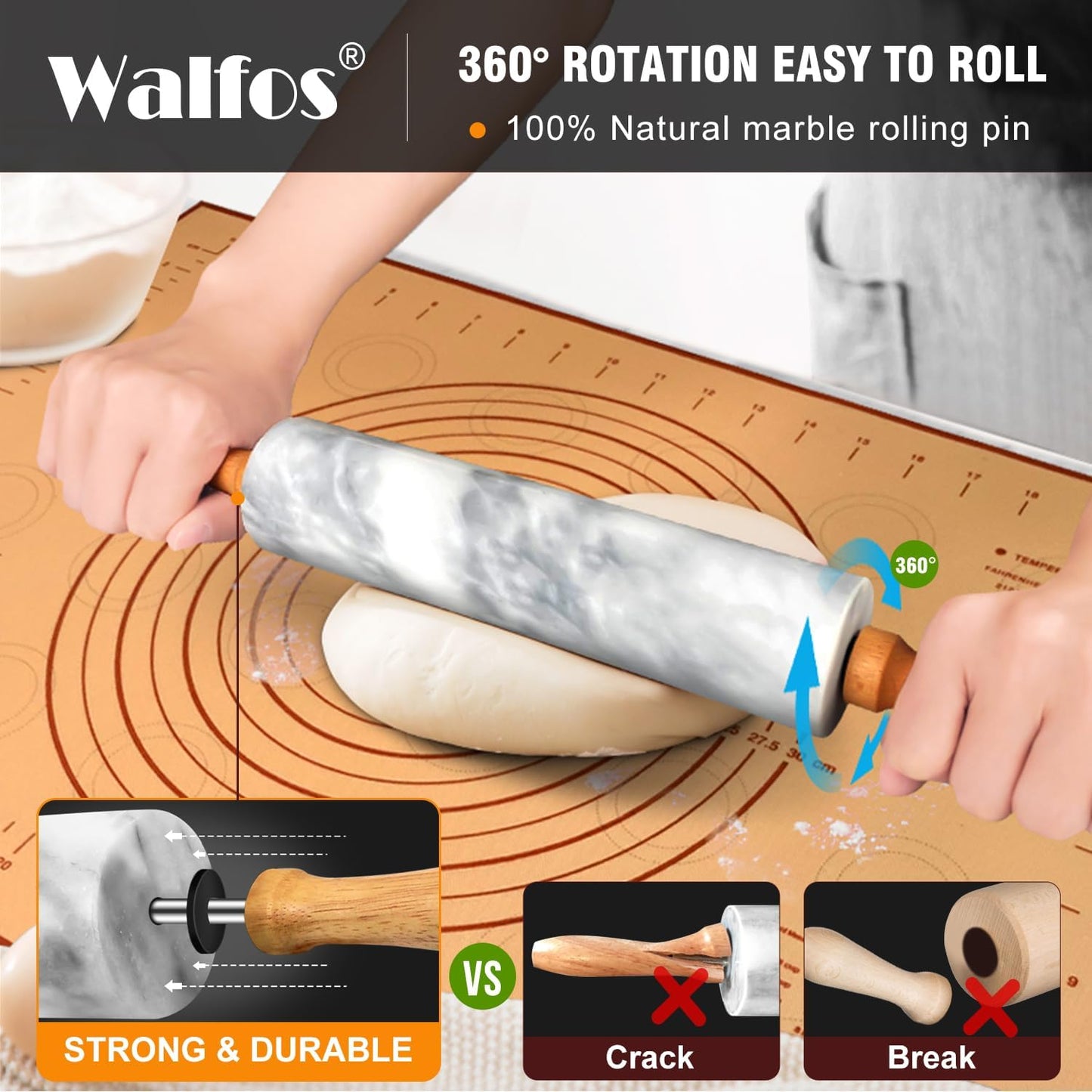Walfos Marble Rolling Pin Set With Non Stick Silicone Pastry Mat, 16.5 Inch Dough Rolling Pins For Making Pizza, Tortillas And Cookies, Backing Rolling Pin For Pie Crust, Pizza, Pasta (Gray & White)