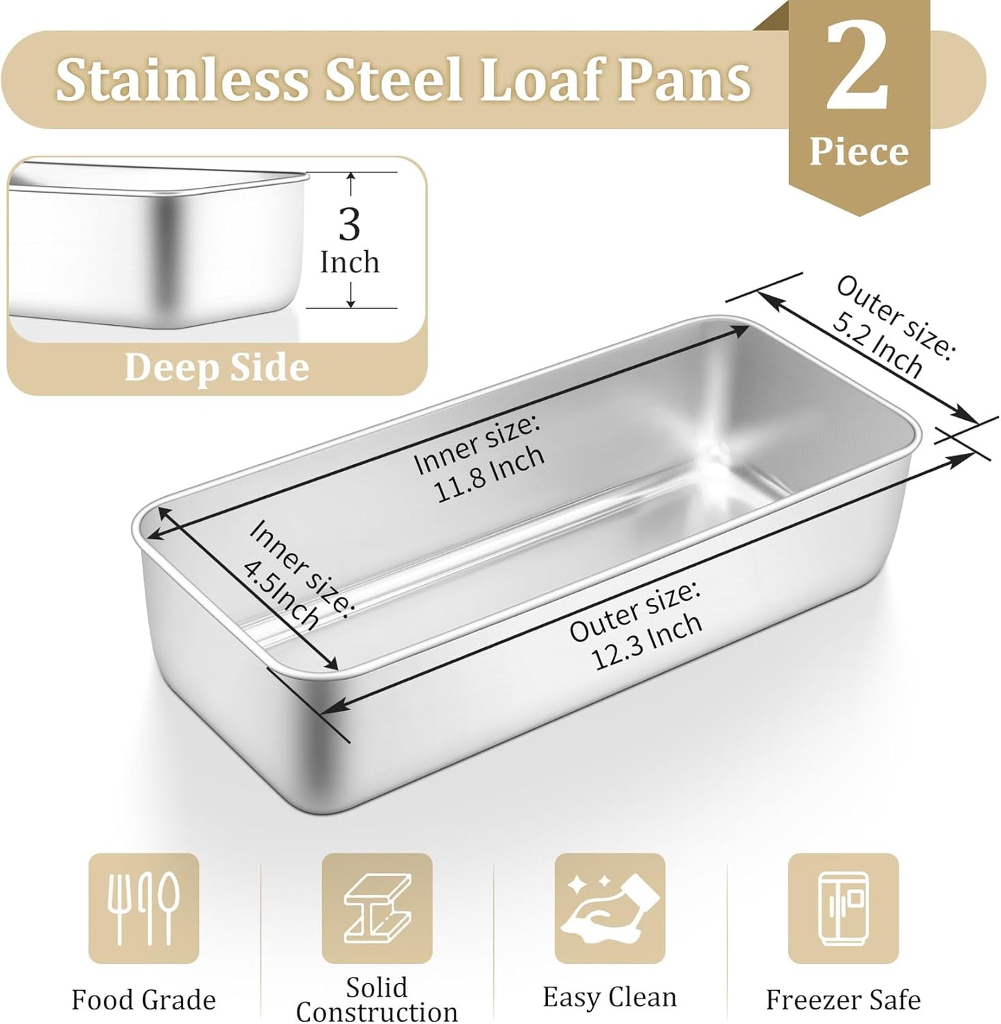 TeamFar Loaf Pan, 12 x 5 Inch Stainless Steel Loaf Pans for Baking Bread, 2 Pack Large Bread Loaf Baking Pan for Homemade Bread, Meatloaf, Cake, Brownies, Non-Toxic, Heavy-duty, Oven & Dishwasher Safe