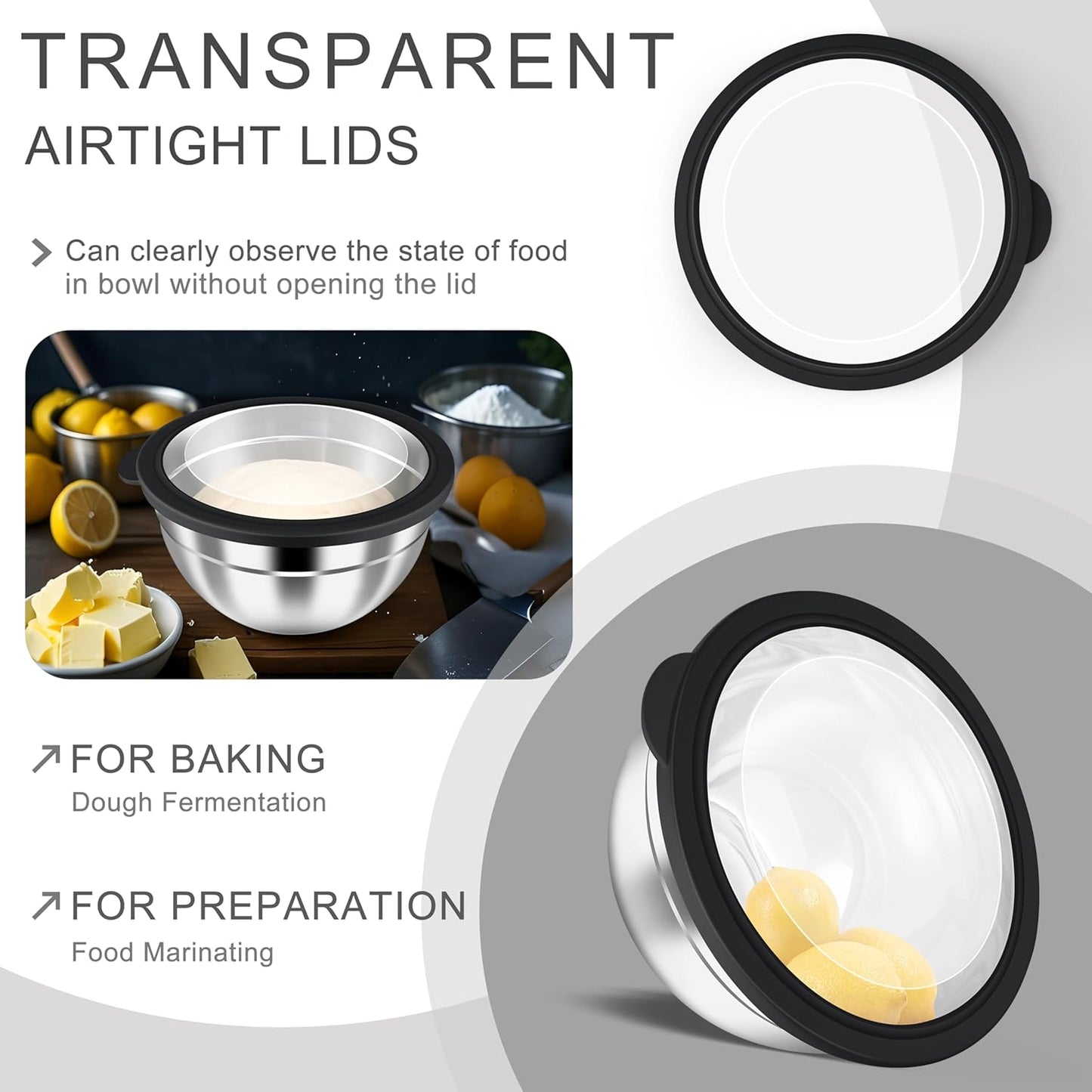 HaWare Mixing Bowls with Airtight Clear Lids, 6-Piece Stainless Steel Strong Nesting Bowls Set, Metal Salad Bowl for Cooking, Prepping, Baking, Serving & Food Storage, Size 4.6, 3, 1.5QT, Black