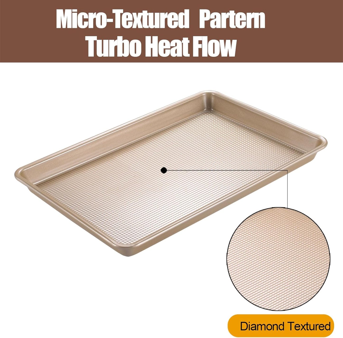 2 Pack Jelly Roll Pan 15x10 Inch, Diamond Texture Nonstick Cookie Sheet, 0.8mm Thick Heavy Duty Steel Baking Tray, Commercial Gold Baking Pans