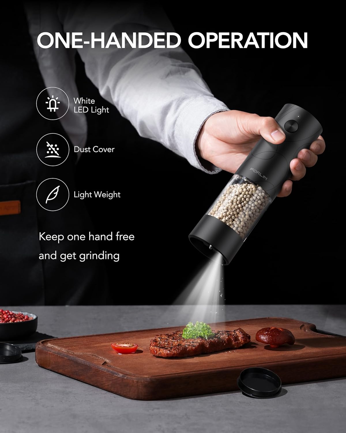 FORLIM Electric Salt and Pepper Grinder Set, USB Rechargeable, Automatic Salt Pepper Mill Grinder with Dust Cover, One-Button Control, Adjustable Coarseness, White LED Light (2 Packs, Black)