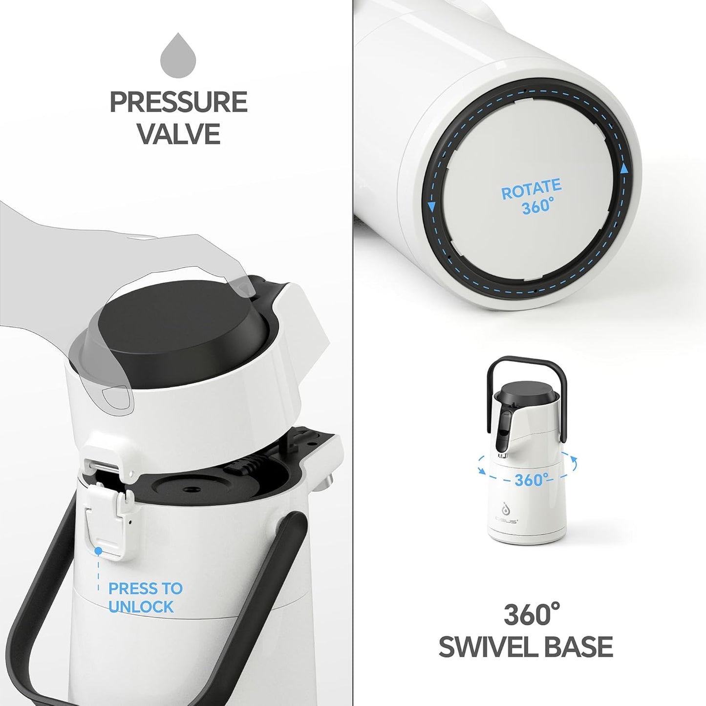 IDEUS Thermal Coffee Carafe 74oz (2,200ml), Stainless Steel Double Wall Insulated Vacuum Flask, Water Jug Coffee Server and Beverage Dispenser, Heat and Cold Retention (White, 74oz (2,200ml))