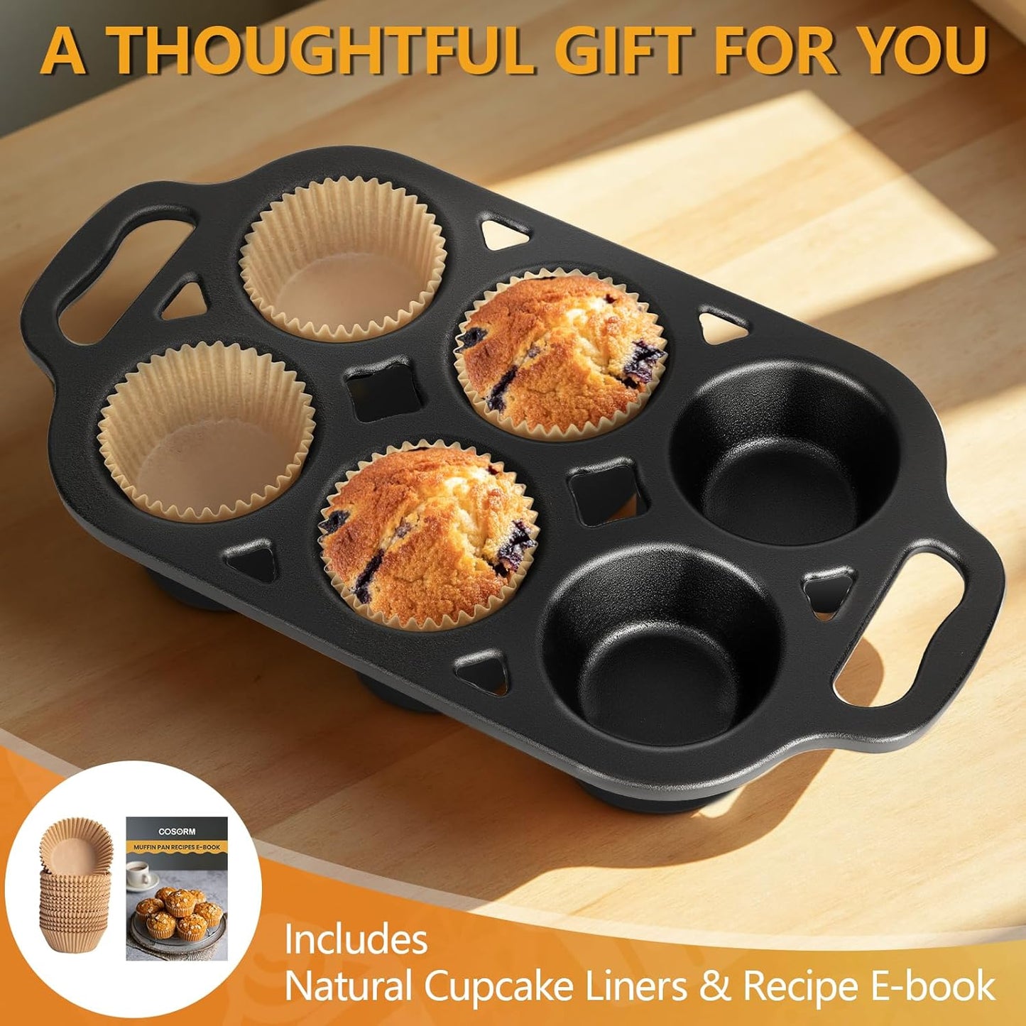 Pre-Seasoned Cast Iron Muffin Pan - 6-Cup Nonstick Cupcake Pan, 2 Piece Set