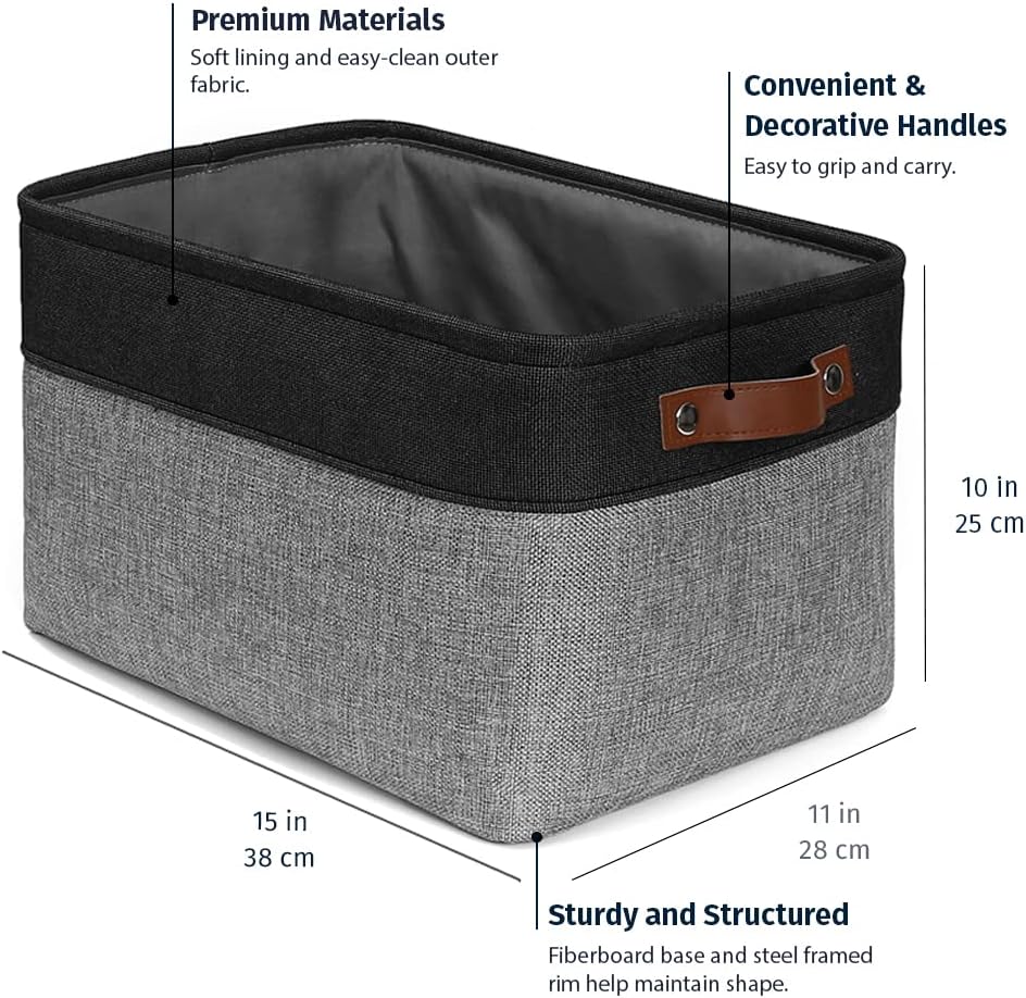 OrganiHaus Large Fabric Storage Baskets for Shelves 3 Pack | 15x11in Closet Storage Bins for Shelves | Clothes Storage Bins for Organizing | Linen Closet Organizers | Fabric Basket, Gray/Black