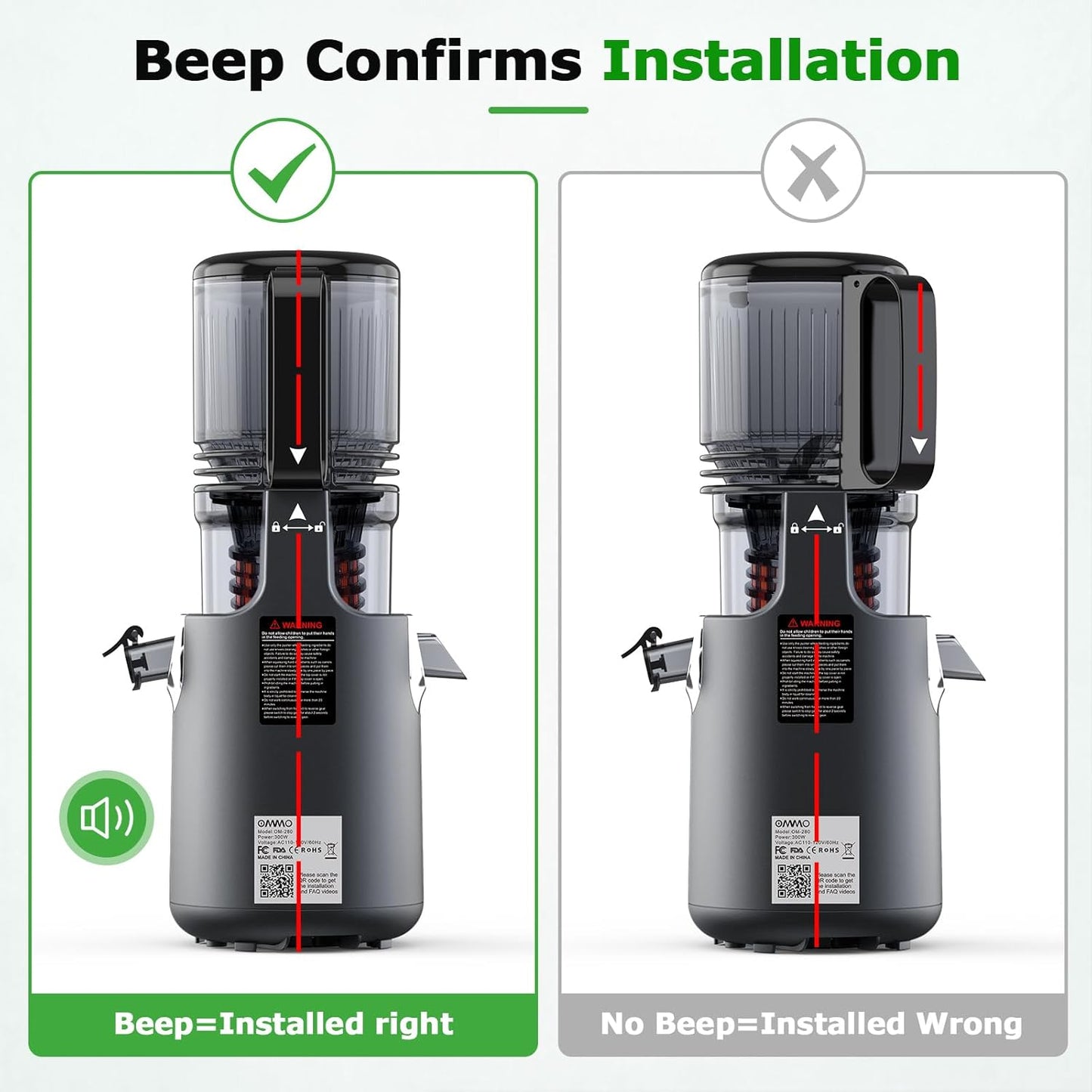 OMMO Cold Press Juicer Machines: 5.1" Feed Chute for Whole Fruits & Veggies, 300W Slow Juicer BPA Free for Kids, Beep Alert Easy Clean Juicers for Busy Mornings/Moms/Fitness/Healthy Living, Grey