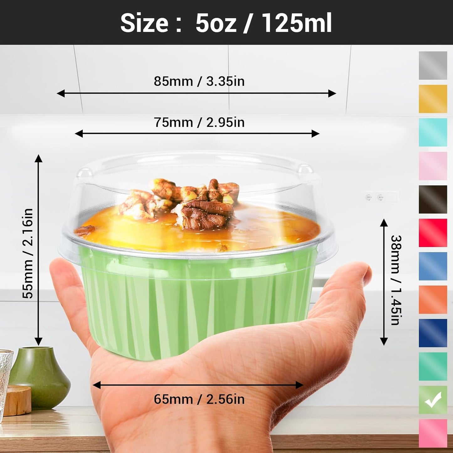 EUSOAR Baking Cups with Lids, 30pcs 5oz Disposable Aluminum Foil Muffin Liners Ramekins Cupcake Baking Cups, Disposable Foil Baking Cups Containers Mini Pie Pans for Creme Brulee or Cupcake-Green