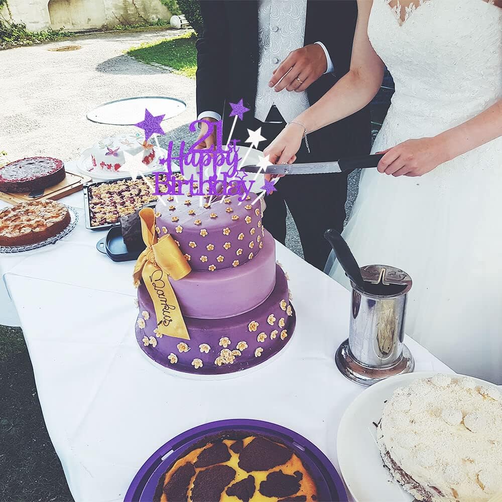 Glittery 21st Happy Birthday Cake Topper with Star,Personalised 21 Birthday Cake Toppers Party Decorations Party Supplies for Boys Girls Purple Silver