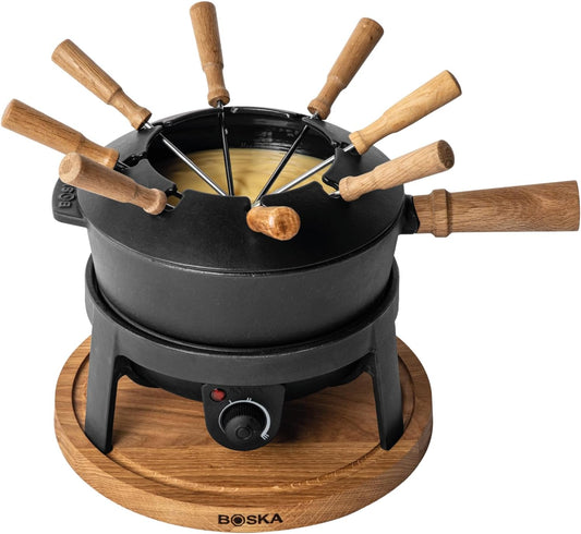 BOSKA Electric Fondue Set Pro/For Cheese, Chocolate and Broth Fondue / 8 people/Robust Cast-Iron/High Quality Materials/Splash Guard Included/Extra-long Cord/Black