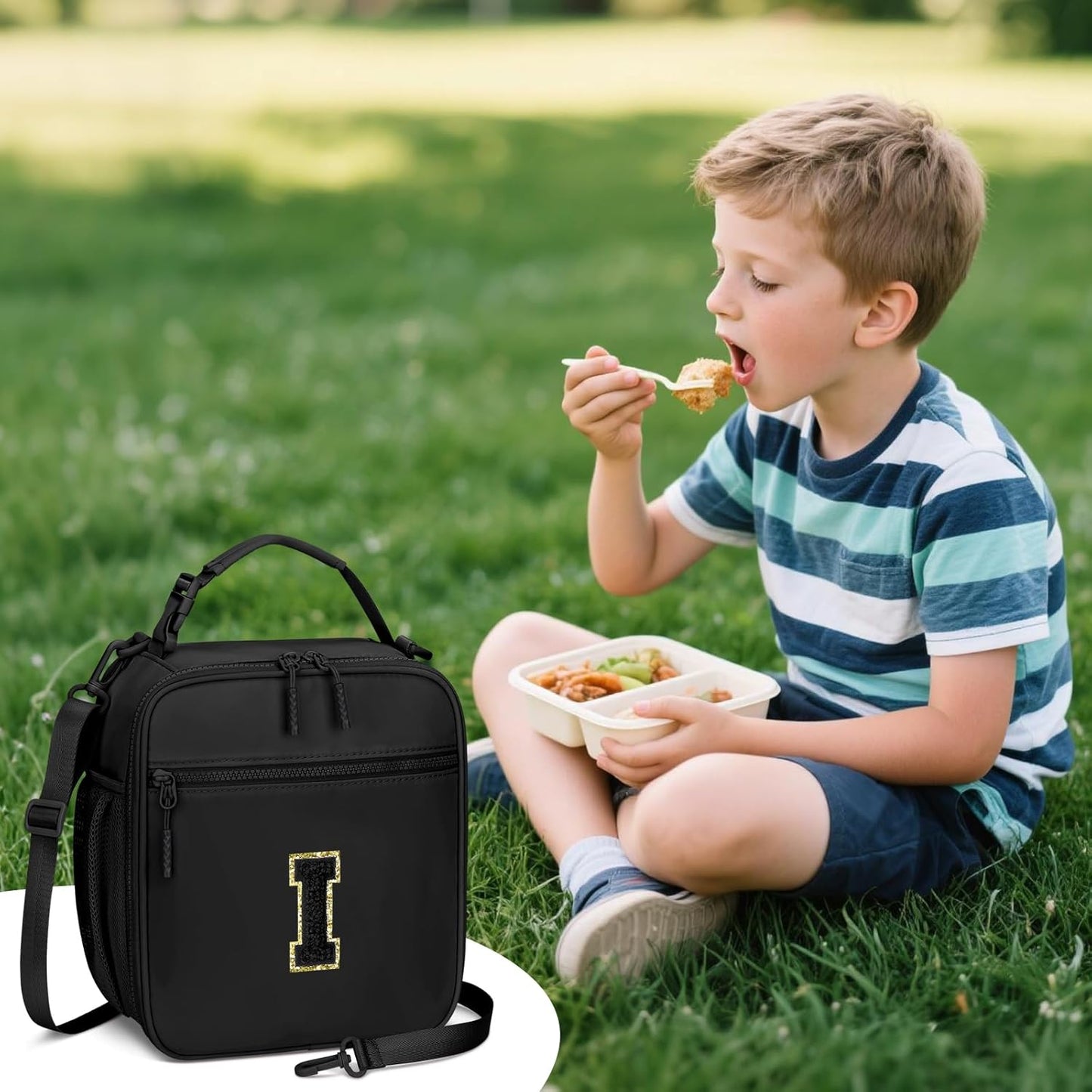 Initial Insulated Lunch Bag for Boys Kids, Back to School Gift, Reusable Leak-proof Lunch Box with Adjustable Strap for School Daycare Travel Picnic（Black，I）