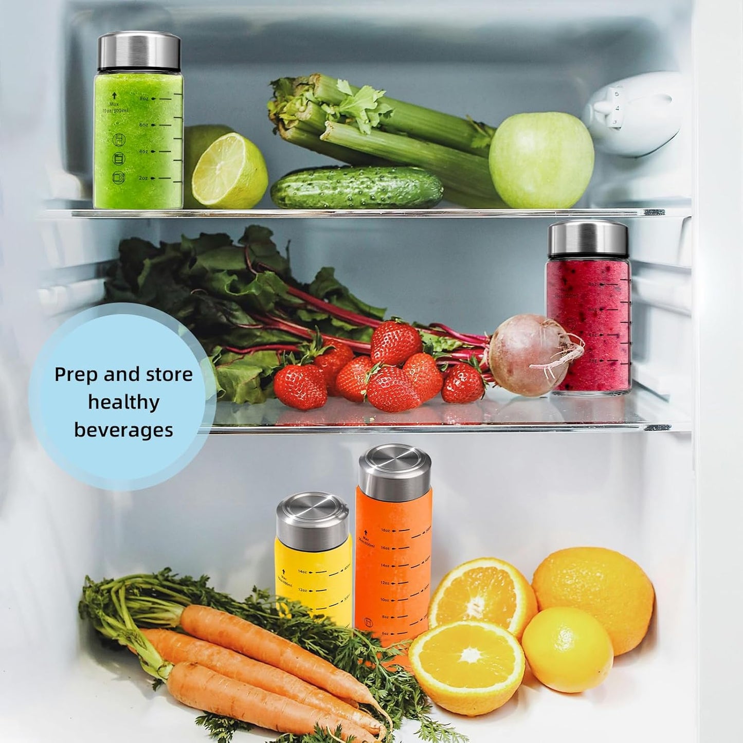 Glass Juice Bottles 6 Pack 12 oz - Wide Mouth Glass Water Bottles with Lids - Borosilicate,Stainless Steel Lids for Juicing, Smoothies, Infused Water, Beverage Storage, Leakproof, Reusable,BPA Free