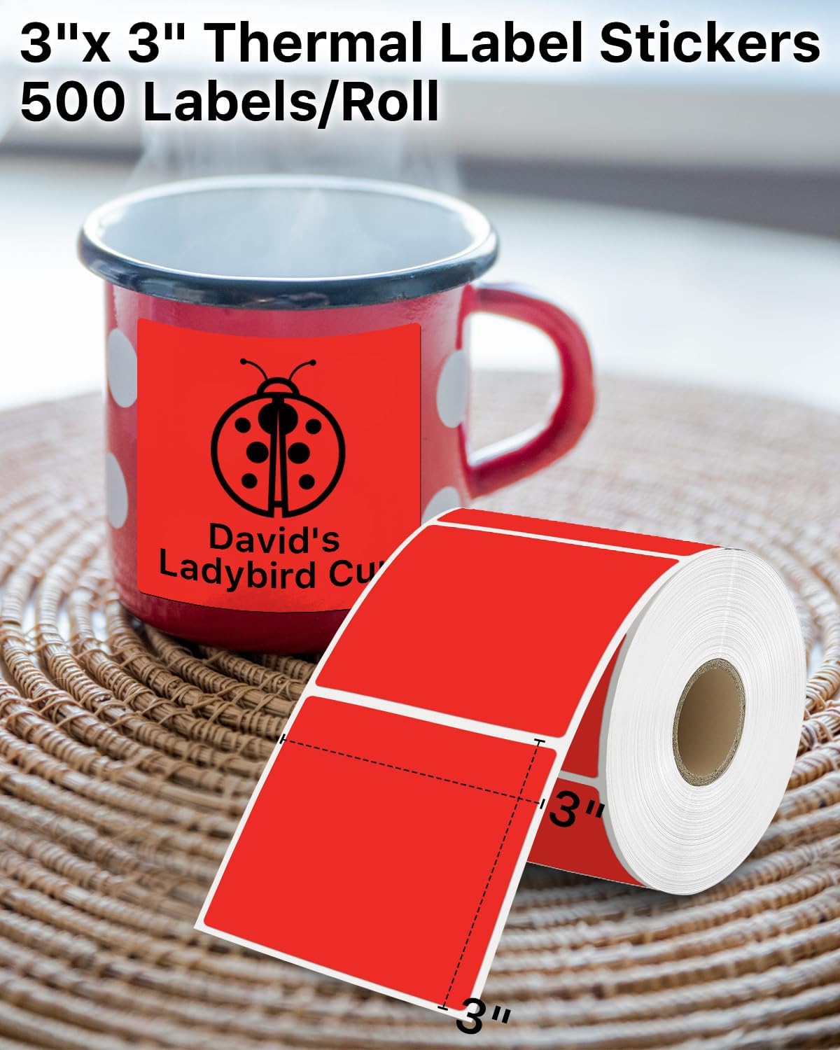 iEager Red Square Thermal Label Stickers, 3" x 3" Self-Adhesive Square Direct Thermal Labels with Perforation Line, 500 Sheets/Roll