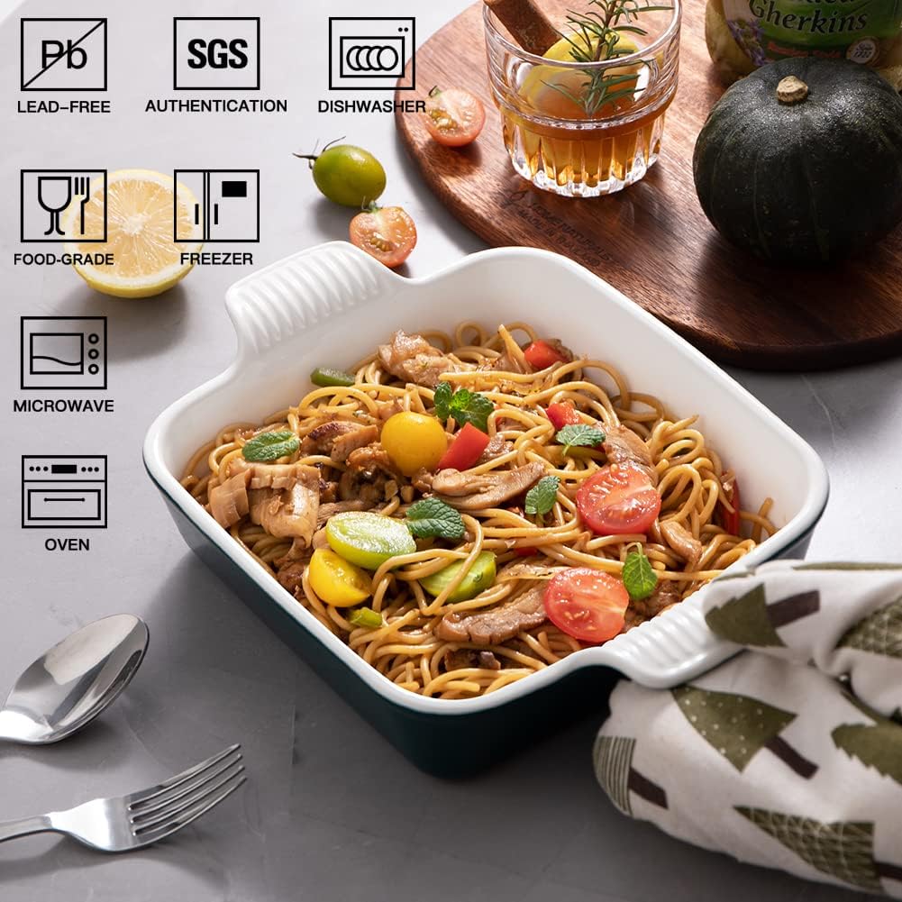 Sweejar Ceramic Baking Dish, 9 x 9 Cake Baking Pan for Brownie, Porcelain Square Bakeware with Double Handle for Casserole, Lasagna, Family Dinner (Jade)