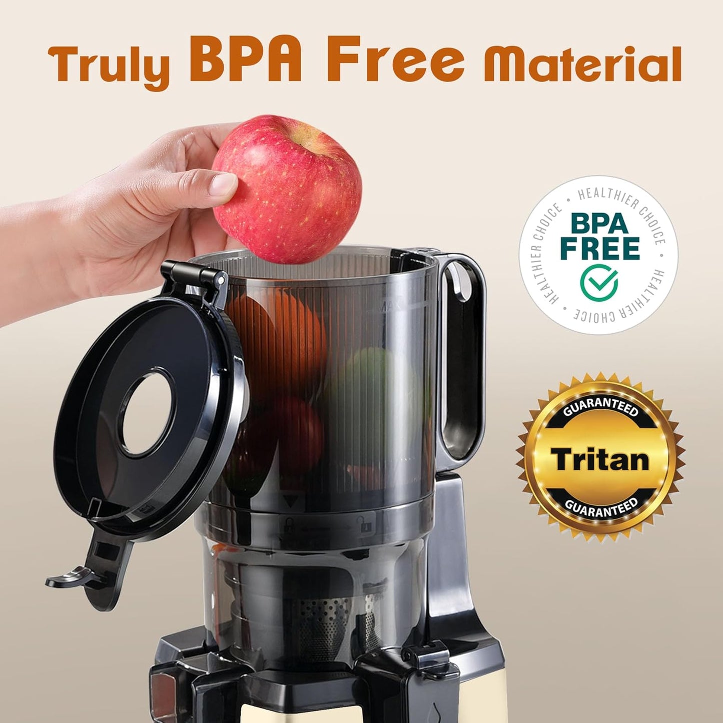 Cold Press Juicer Machines, Fretta 5.3'' Self Feeding Slow Masticating Juicers Fit Whole Fruits & Vegetable Easy Clean Juice Extractor,Tritan Material BPA Free, 250W, White
