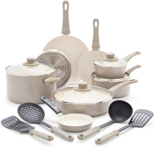 GreenLife 16 Piece Nonstick Cookware Set, Soft Grip Non-Toxic PFAS-Free Ceramic Pots & Pans, Dishwasher & Oven Safe, Frying, Sauce, Saute, Utensils, Glass Lids, Stay-Cool Handles, Wobble Free, Taupe