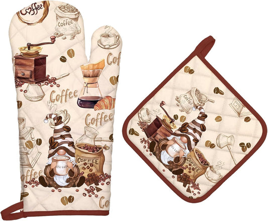 Coffee Gnome Oven Mitts and Pot Holders Sets 2Pcs, 100% Cotton Heat Resistant, Extra Long Oven Gloves Potholder for Kitchen Cooking Baking Decoration