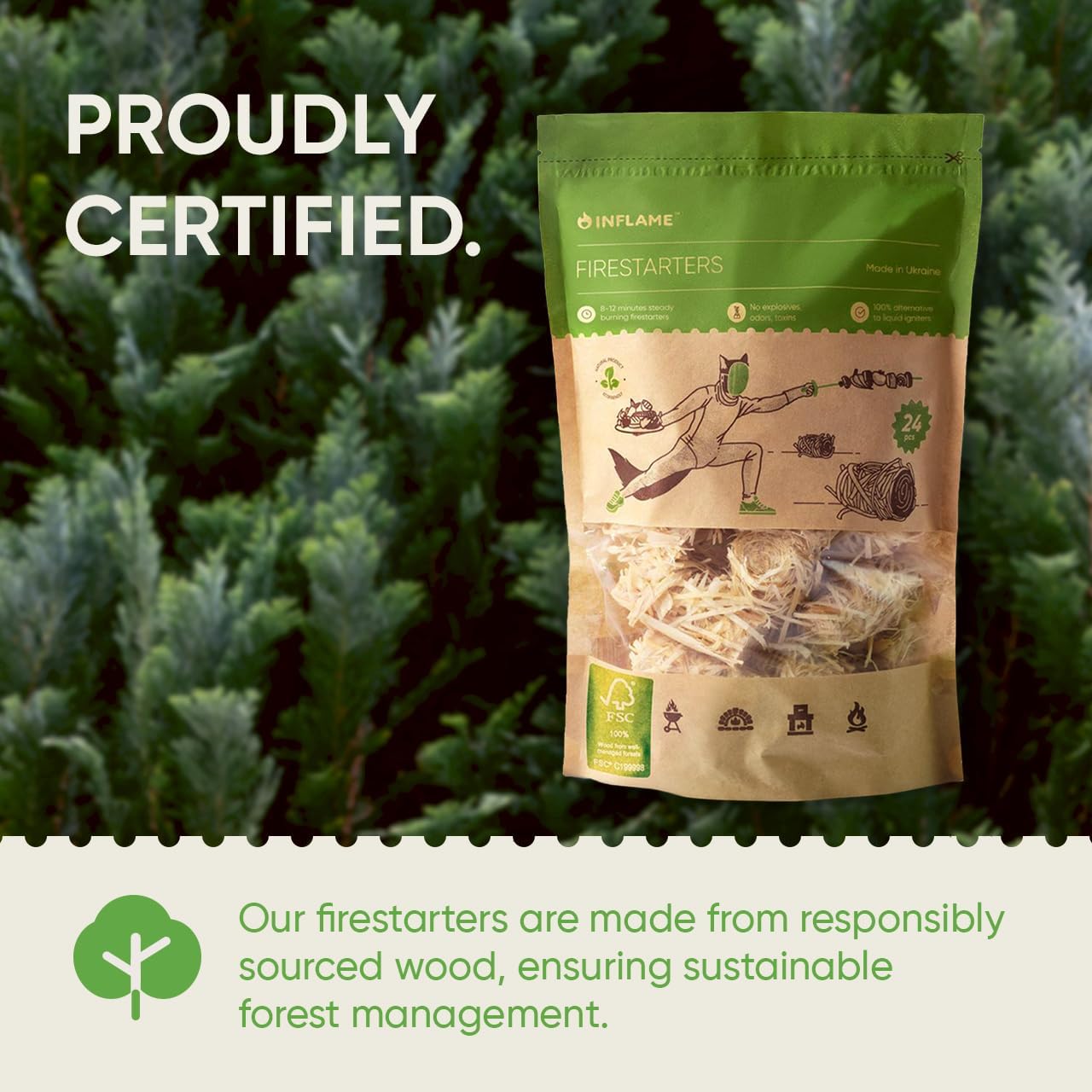 Inflame Fire Starters for Campfires, Grill, BBQ, Fireplace, Woodstove - Charcoal Starter - Waterproof, Weather-Resistant - Natural Wood Fireplace Starters - 24 pcs