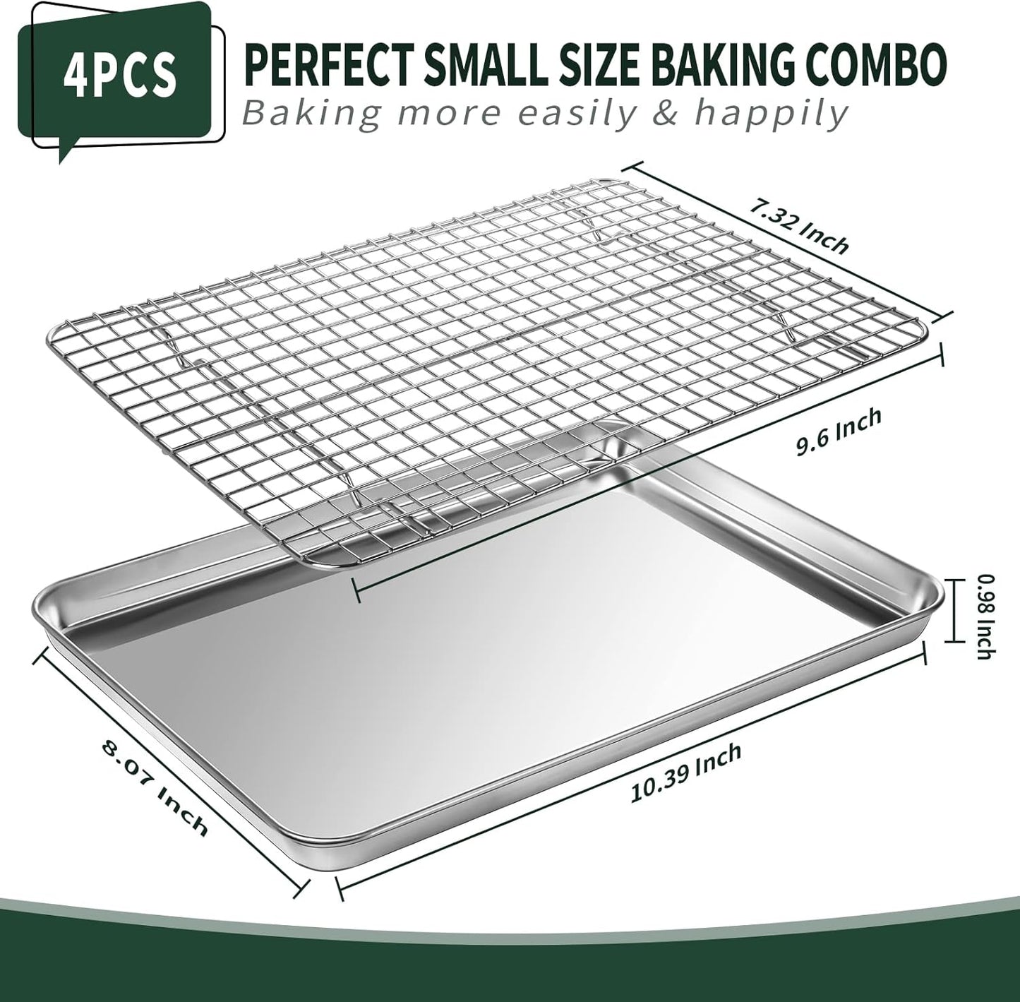 CEKEE 4 PCs Small Baking Sheet With Wire Rack Set [2 Pans + 2 Cooling Racks], 10 Inch Stainless Steel Tray - Rust & Warp Resistant, Easy Clean
