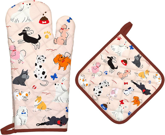 Dogs Oven Mitts and Pot Holders Sets 2Pcs, 100% Cotton Heat Resistant, Extra Long Oven Gloves Potholder for Kitchen Cooking Baking Decoration