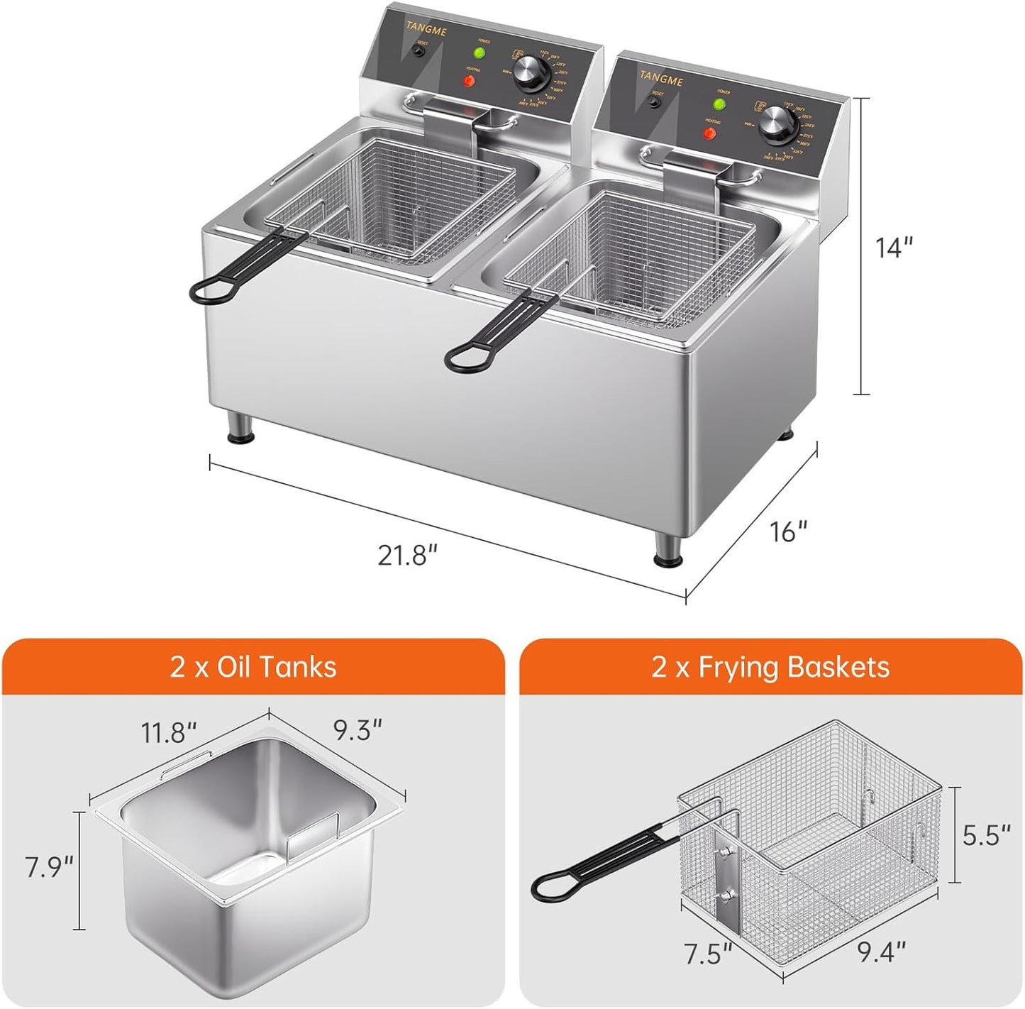 Commercial Deep Fryer 3500W Electric Countertop Fryer 25.4Qt Heavy Duty Large Stainless Steel Deep Fryers with Double Baskets, Lid and High Legs for Restaurant, UL Certified
