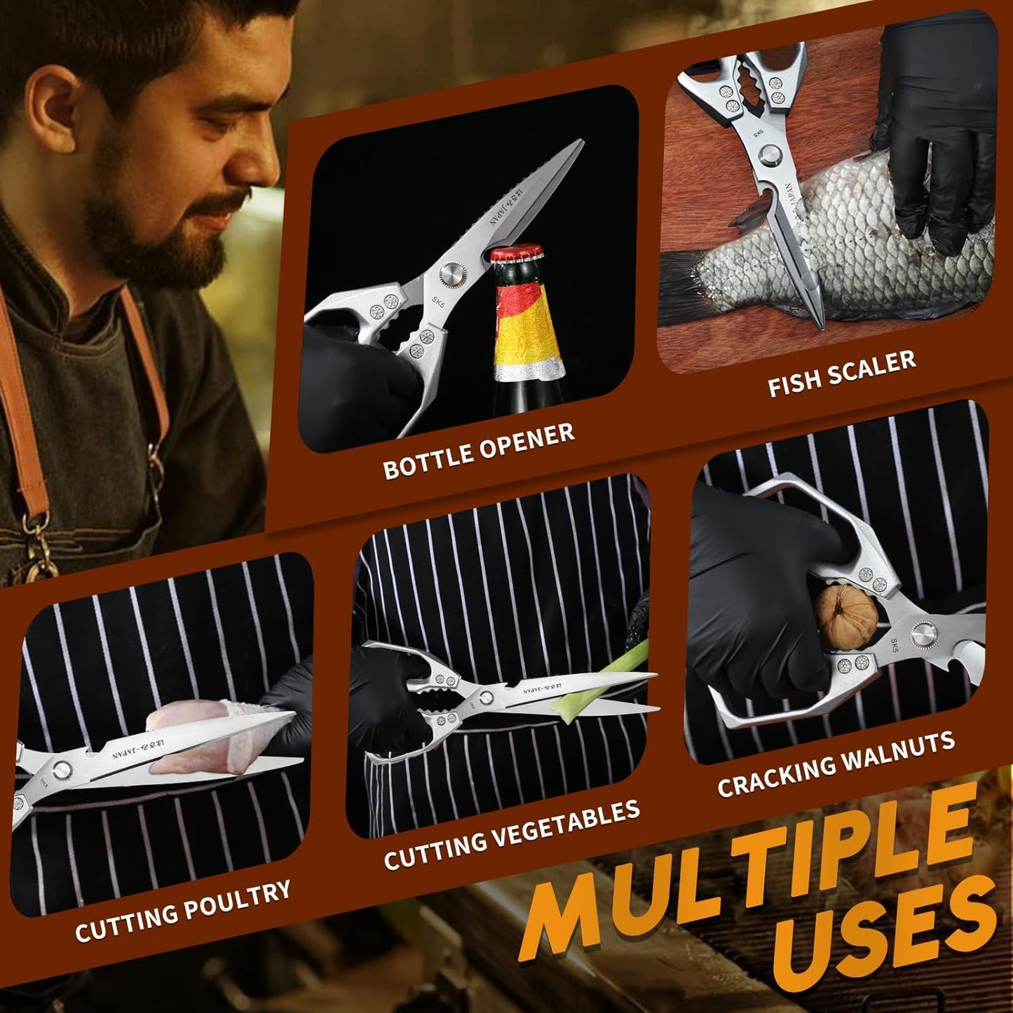 HUUSK Kitchen Scissors Set Silver - Upgraded Stainless Steel Kitchen Shear, Sharp Meat Scissors Dishwasher Safe, Heavy Duty Poultry Shears, Japanese Cooking Scissor for Food, Chicken Bones, and Turkey