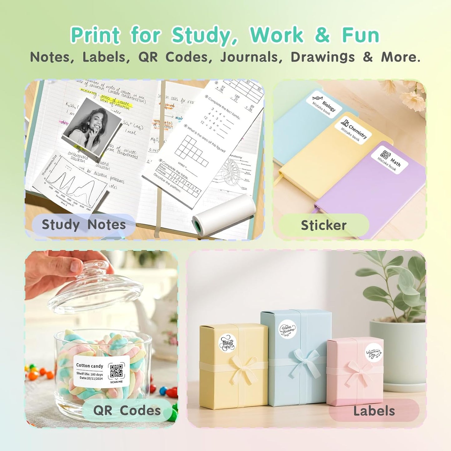 JD-23 Sticker Printer, Mini Portable Thermal Printer Print Pod, Inkless Bluetooth Label Maker Machine for DIY Crafts, Journaling, Office & Home Use, Includes 2 Rolls Sticker Paper