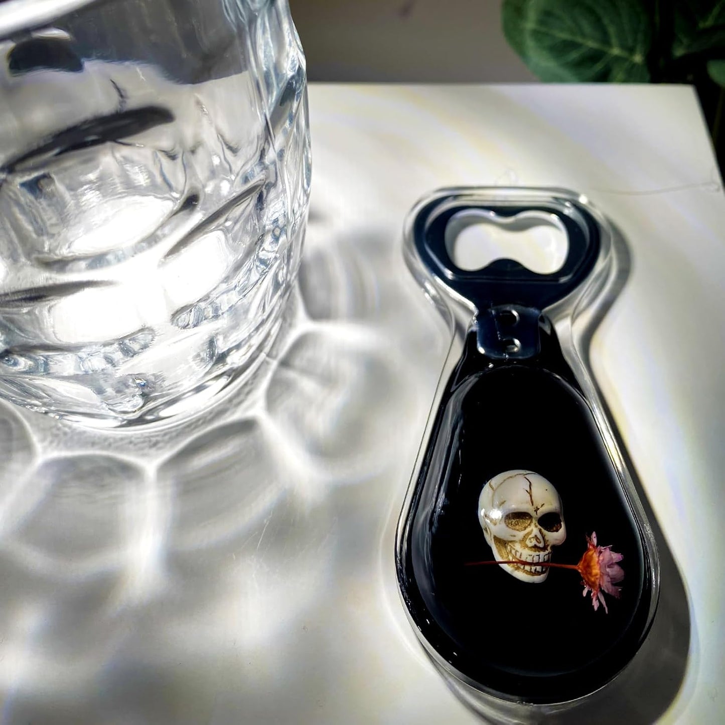 Halloween Ghost Skull Decor, Magnetic Bottle Opener, Original Design Skull Biting Flower in Black Resin – Strong Magnet for Fridge – Gothic Halloween Gifts - Black