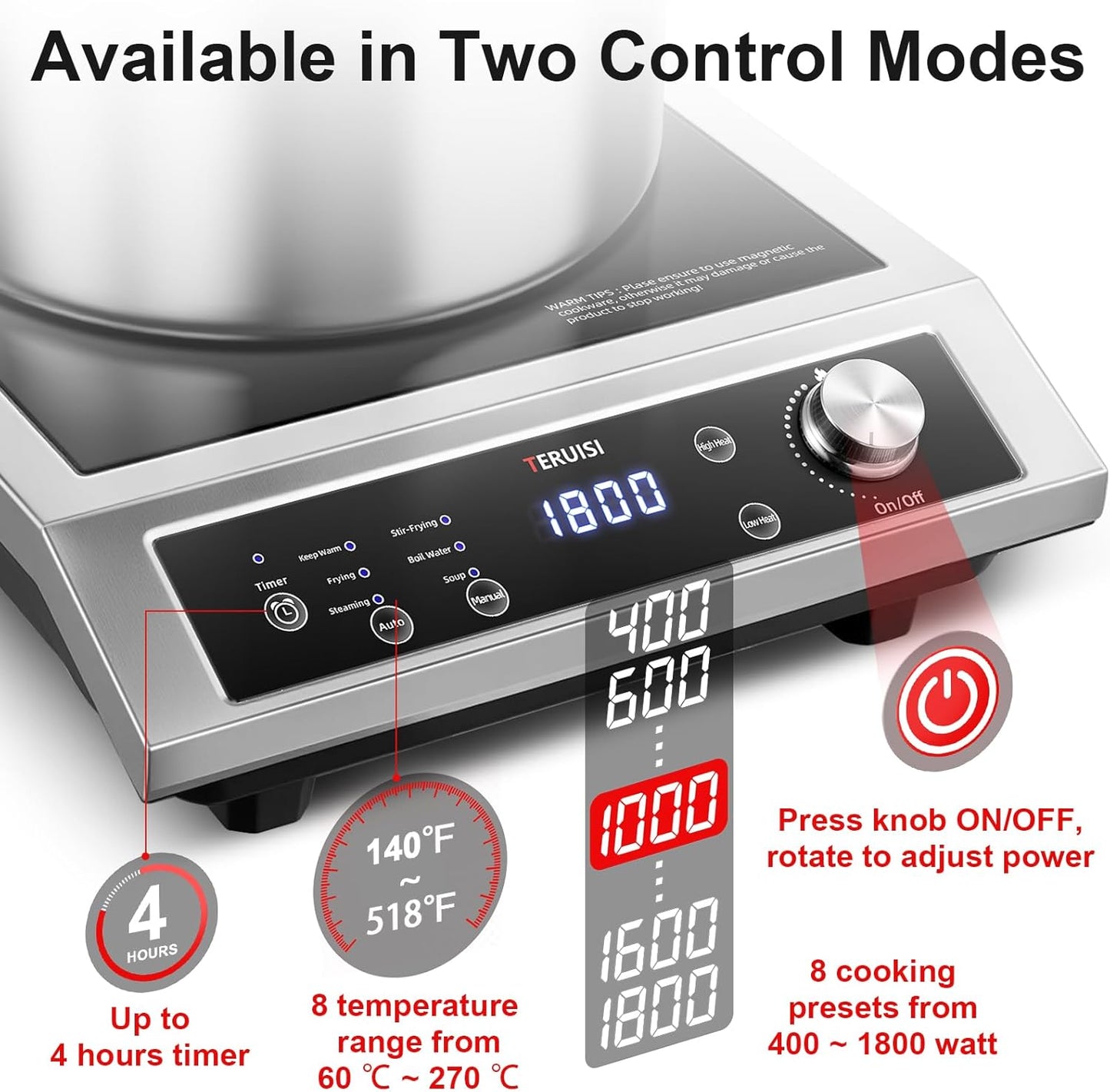 Induction Cooktop Commercial, 1800W Electric Stove with 18/10 Stainless Steel, 4 Hours Timer, 6 Preset Functions, 8 Temp/Power Levels, Portable Countertop Burner for RV Home Kitchen