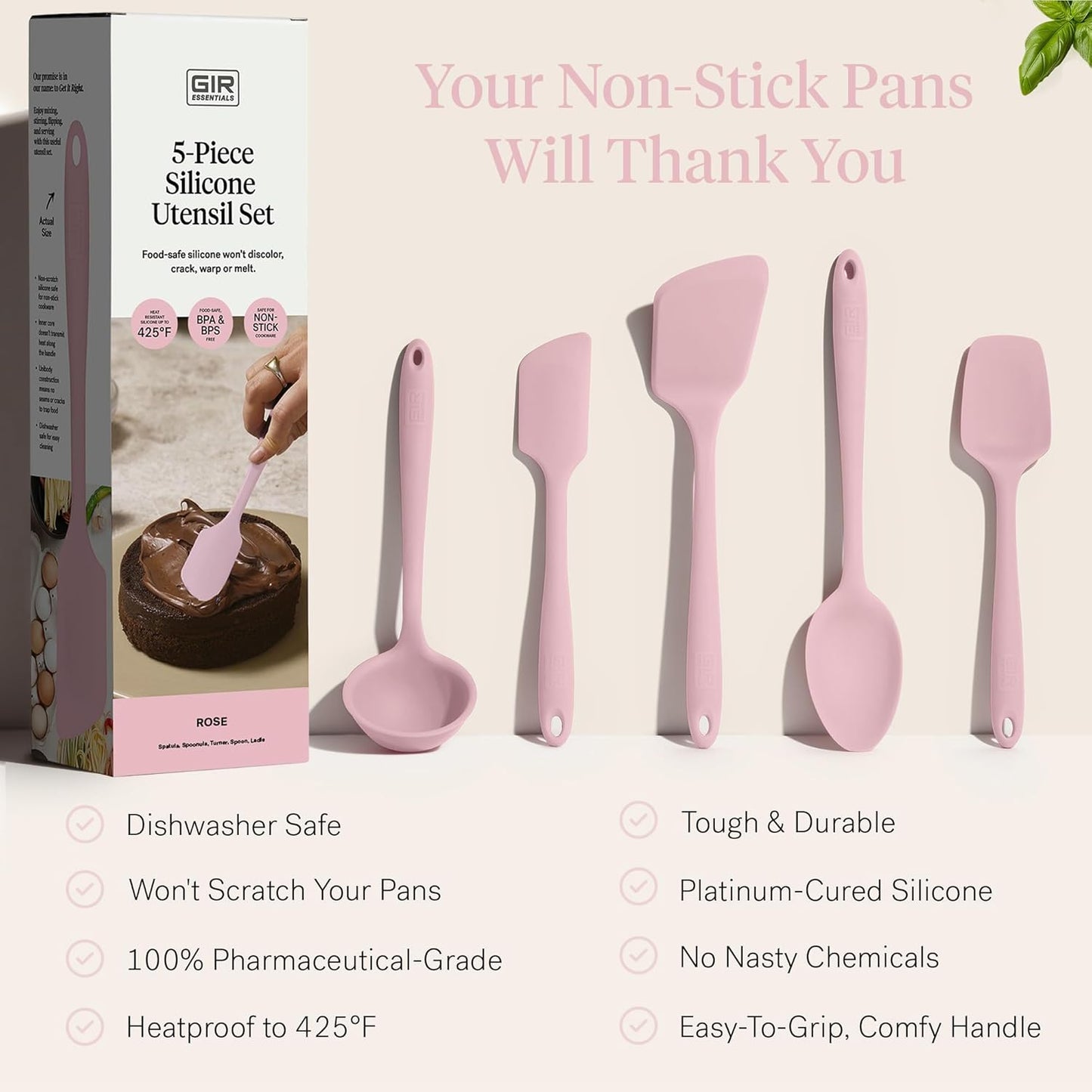 GIR: Get It Right - 5 Piece Essentials All Purpose Set - Ladle, Spatula, Flip, Spoon & Spoonula, Non-stick, Heat Resistant, Dishwasher Safe, Kitchen Utensils, Baking Supplies - Rose
