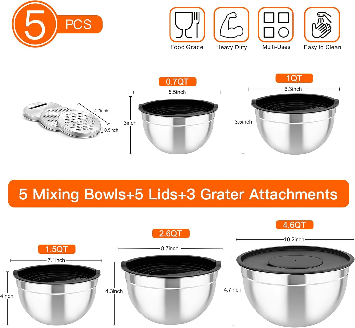 TeamFar Mixing Bowls with Airtight Lids, 5PCS Stainless Steel Metal Salad Bowl with 3 Grater Attachments, for Cooking, Prepping, Serving, Healthy & Easy Clean - 0.7/1/1.5/2.6/4.6QT, Black