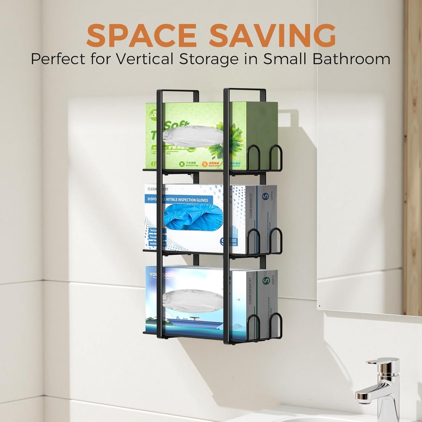 Glove Holder Dispenser for Wall Mount, Black Metal Disposable Latex Gloves Holder for Lab, Wall-Mounted Triple Rubber Box Holder, Tissue Rack for Kitchen and Garage