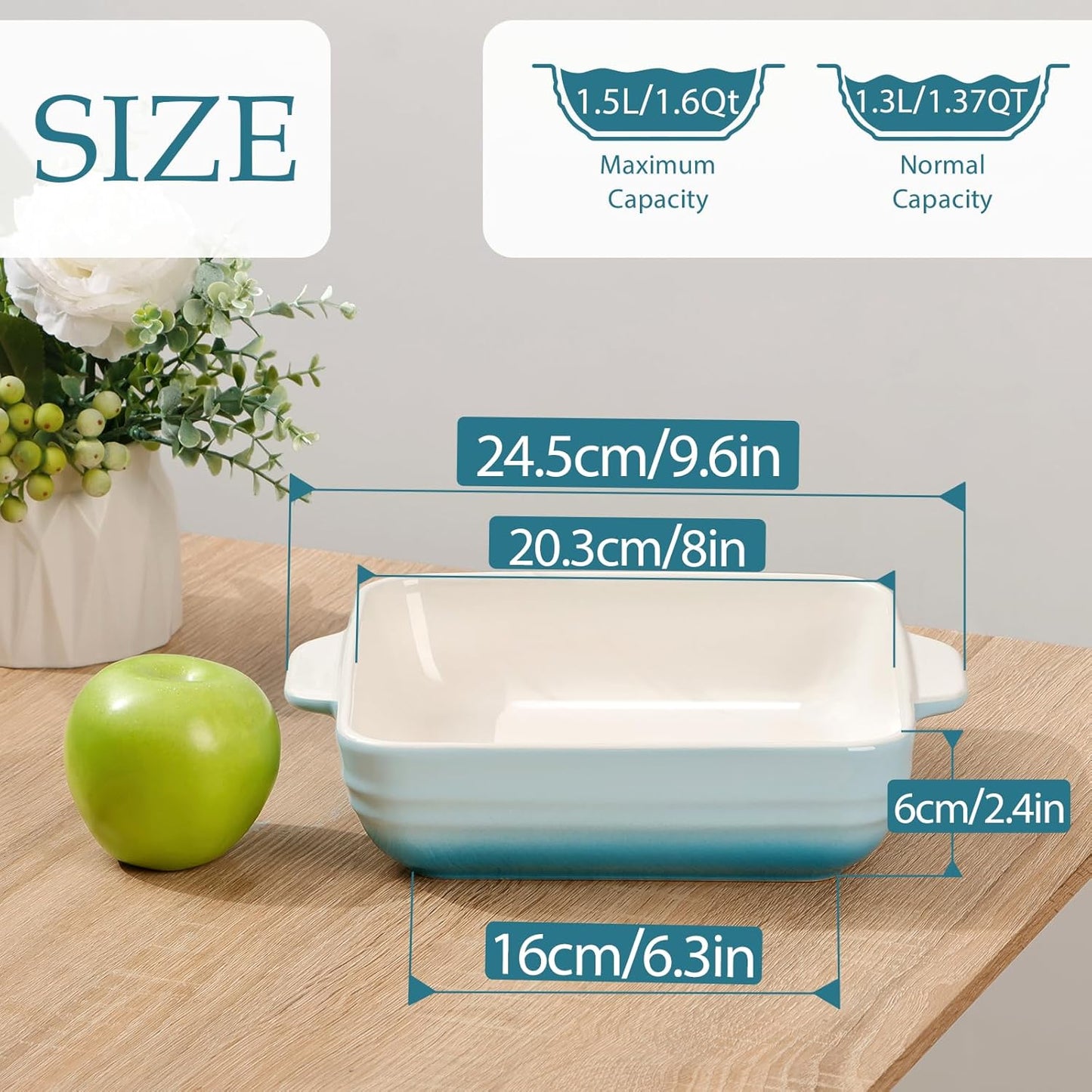 NUTRIUPS 8x8x2.4 inch Square Baking Dish, 50 Oz /1.6 Qt Ceramic Baking Pan with Handles, Casserole Dish for Oven, Porcelain Bakeware (Gradient Blue)