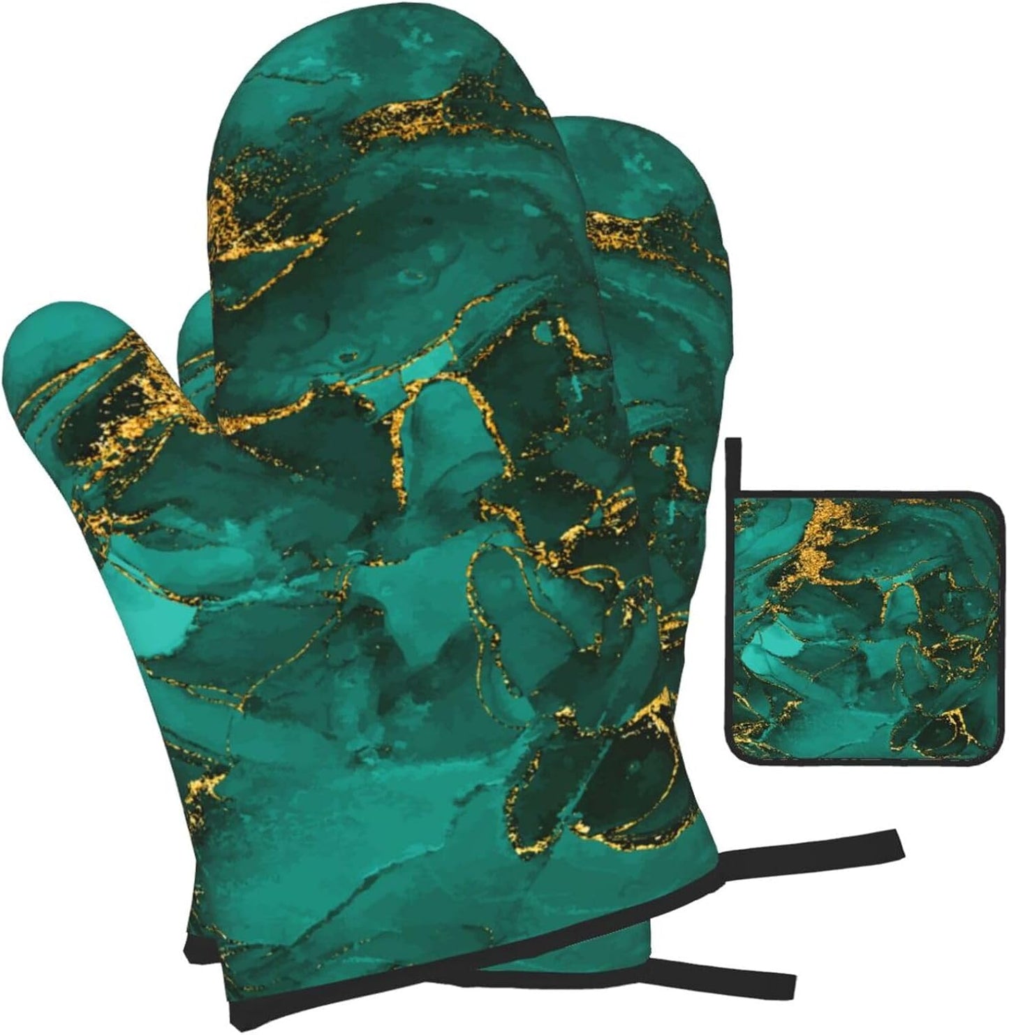Turquoise Marble Oven Mitts and Pot Holders Sets of 3 Emerald Dark Green Hot Pads Heat Resistant Non Slip Washable for Cooking Grilling Baking BBQ Kitchen Decor