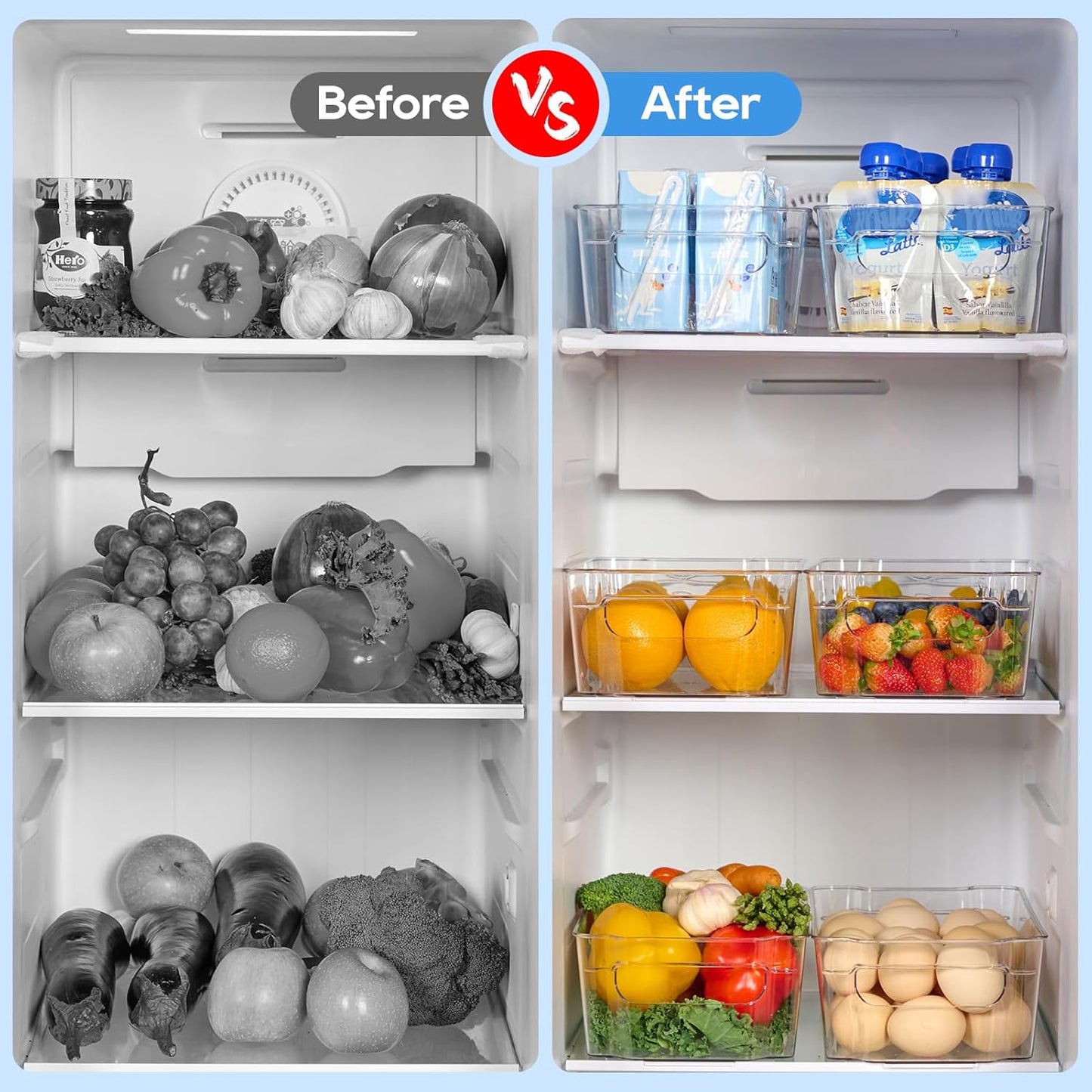 JollyPack 8 Pack Clear Plastic Storage Bins, Refrigerator Organizers and Storage with Handles for Fridge, Pantry, Kitchen, Bathroom, Office, and Cabinet Organization